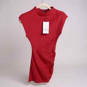 Zara Red Mock Neck Sleeveless Ruched Bodycon Mini Dress Size S